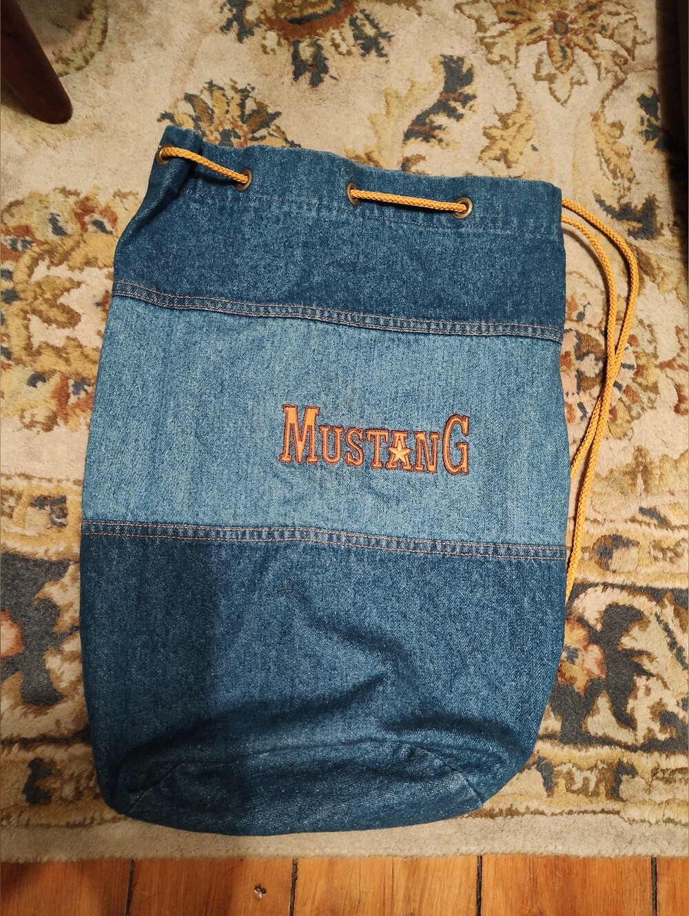 Vintage Mustang Motorcycle Denim Drawstring Bag Sack Made In Canada
